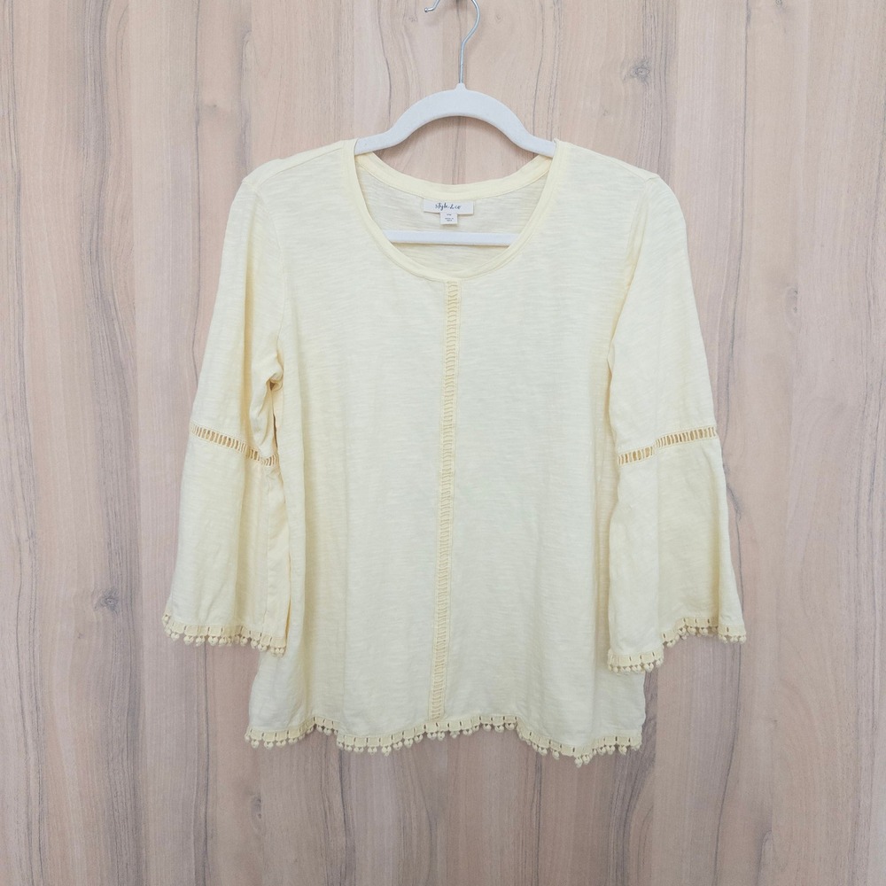 Womens Boho Top Medium Petite Butter Yellow‎ Bell Sleeve Pom Pom Cottage Peasant